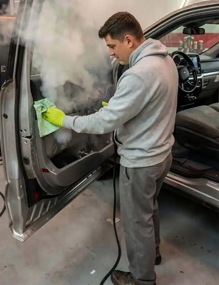 detailer steaming suv door panel and wiping interior with microfiber cloth in shop bay