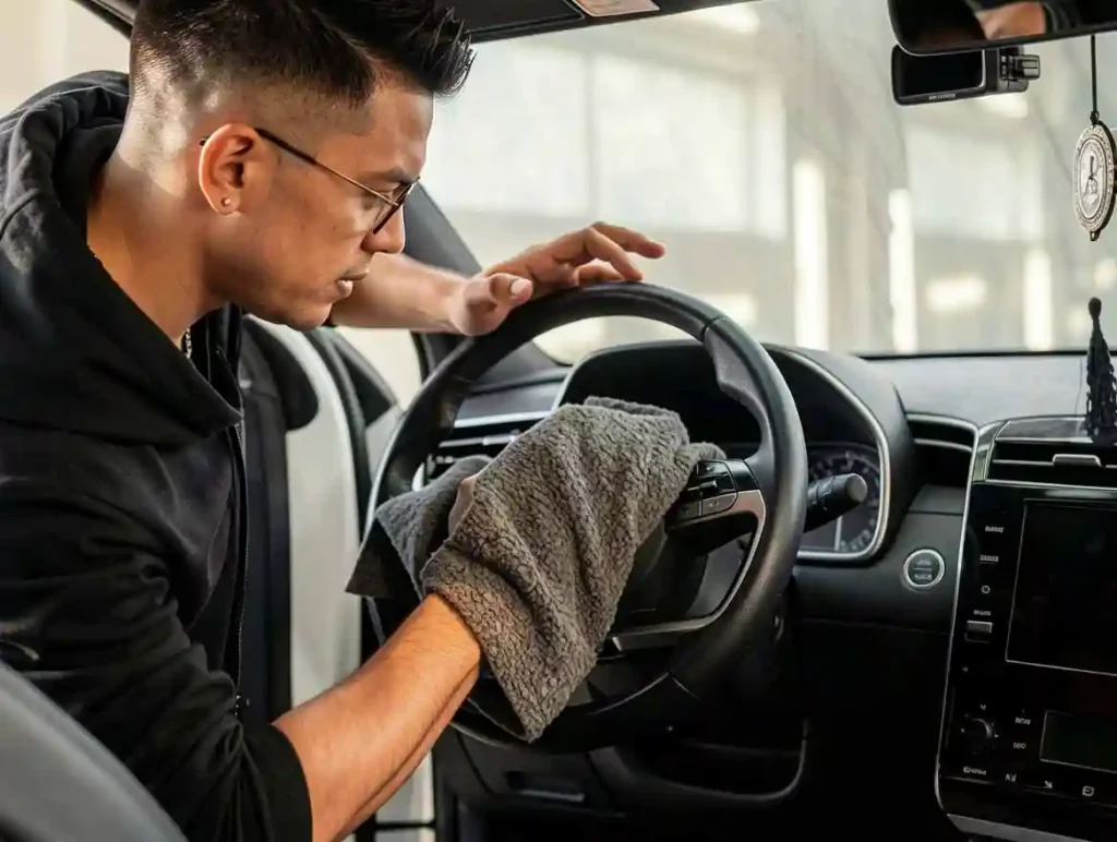 detailer wiping leather steering wheel inside modern car interior