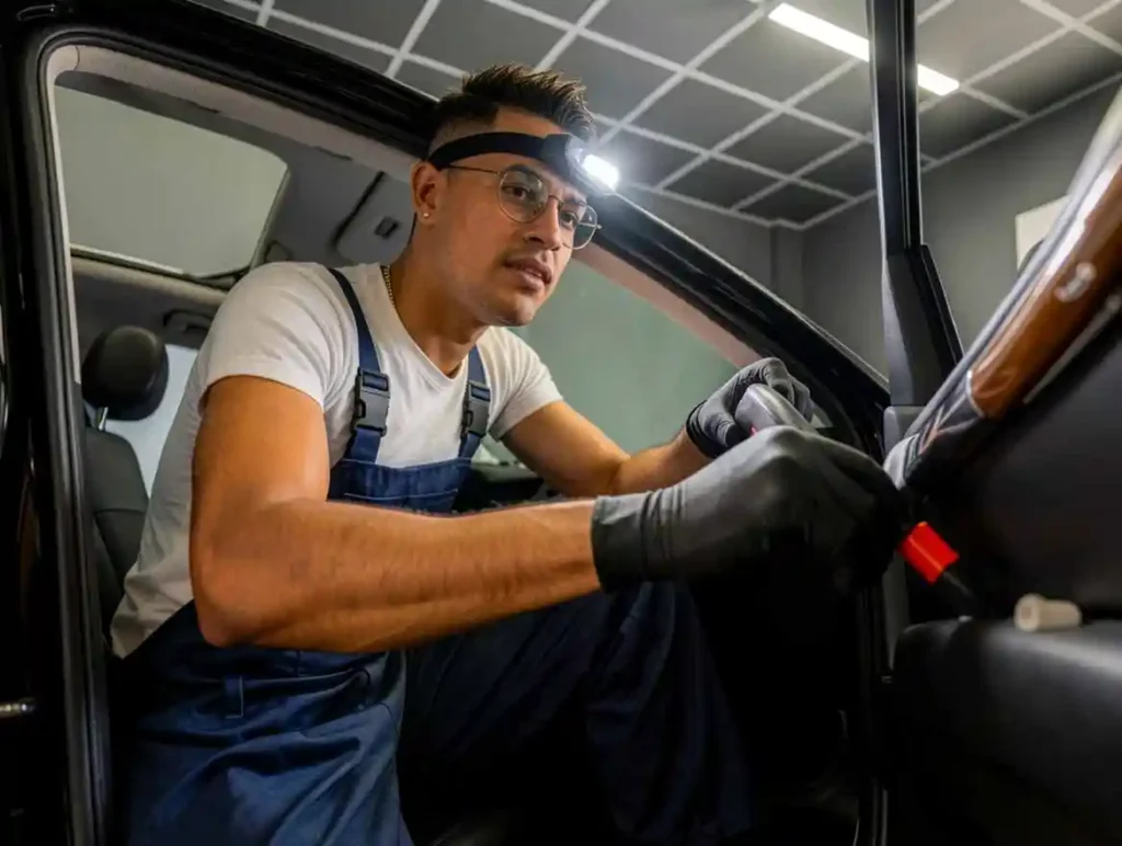 professional detailer applying product to black car door interior under LED light