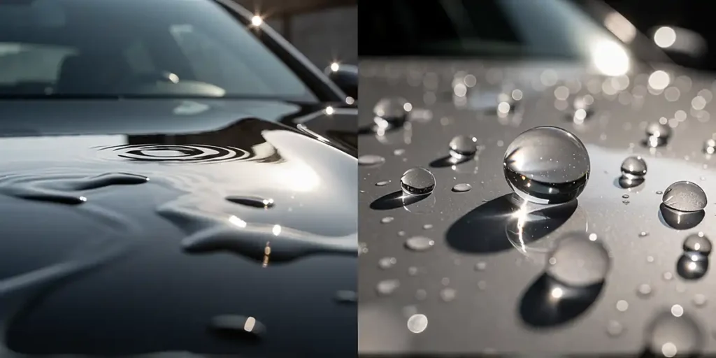 a split-frame high-resolution photorealistic composition featuring two distinct close-up shots of a glossy black car hood