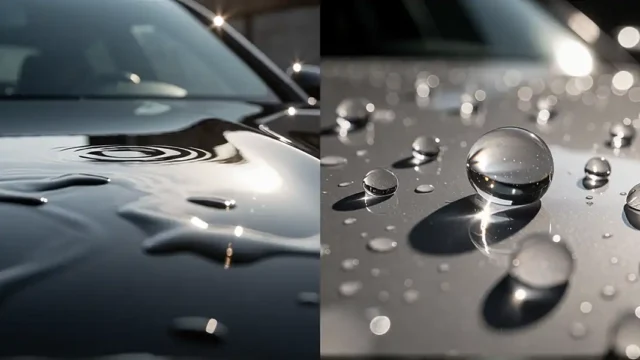a split-frame high-resolution photorealistic composition featuring two distinct close-up shots of a glossy black car hood