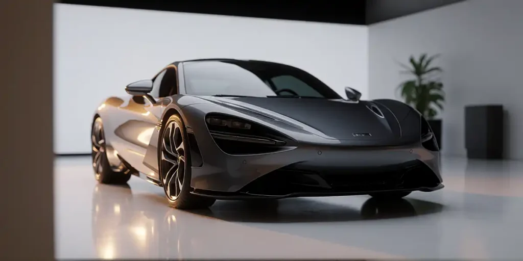 a sleek, matte black mclaren 720s hypercar positioned at a three-quarter front angle in a minimalist modern studio with reflective white floor and clean white walls, illuminated by soft, directional overhead lighting that creates sharp specular highlights along the car’s aerodynamic curves and deep shadows beneath the chassis; the vehicle features carbon fiber accents, multi-spoke alloy wheels, and aggressive front air intakes