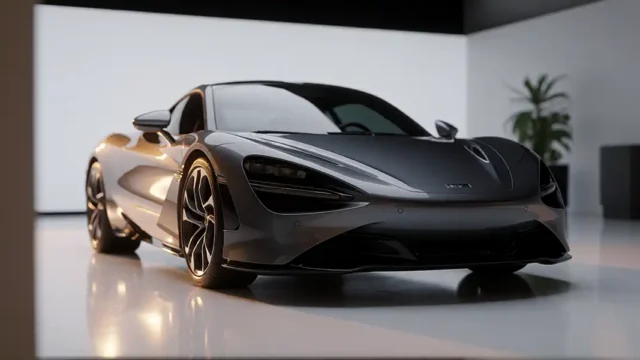 a sleek, matte black mclaren 720s hypercar positioned at a three-quarter front angle in a minimalist modern studio with reflective white floor and clean white walls, illuminated by soft, directional overhead lighting that creates sharp specular highlights along the car’s aerodynamic curves and deep shadows beneath the chassis; the vehicle features carbon fiber accents, multi-spoke alloy wheels, and aggressive front air intakes