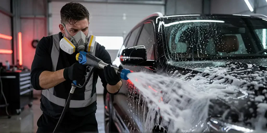 a young caucasian male, aged 28, with short dark brown hair slicked back and a focused, intense gaze directed at the car ahead, wearing a gray and black high-visibility vest over a long-sleeved black shirt, black gloves, and a white respirator mask with yellow filters, stands in a professional indoor car wash facility illuminated by cool fluorescent lighting with red accent neon strips on the left wall; he holds a blue and silver high-pressure hose with both hands, aiming it directly at the front driver’s side of a glossy black sedan covered in thick white soap suds, water spraying forcefully from the nozzle as foam cascades down the vehicle’s surface,