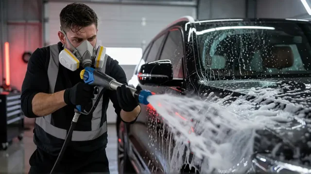 a young caucasian male, aged 28, with short dark brown hair slicked back and a focused, intense gaze directed at the car ahead, wearing a gray and black high-visibility vest over a long-sleeved black shirt, black gloves, and a white respirator mask with yellow filters, stands in a professional indoor car wash facility illuminated by cool fluorescent lighting with red accent neon strips on the left wall; he holds a blue and silver high-pressure hose with both hands, aiming it directly at the front driver’s side of a glossy black sedan covered in thick white soap suds, water spraying forcefully from the nozzle as foam cascades down the vehicle’s surface,