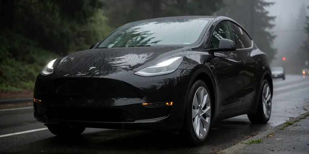 a sleek black tesla model y suv parked on a wet asphalt road during heavy rain, its glossy surface reflecting surrounding trees and misty atmosphere