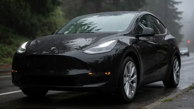 a sleek black tesla model y suv parked on a wet asphalt road during heavy rain, its glossy surface reflecting surrounding trees and misty atmosphere